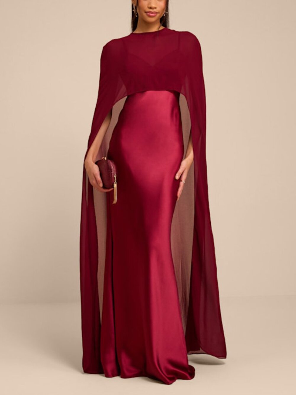 Lulus Cavana Burgundy Satin Cape Maxi Dress Red - Size L